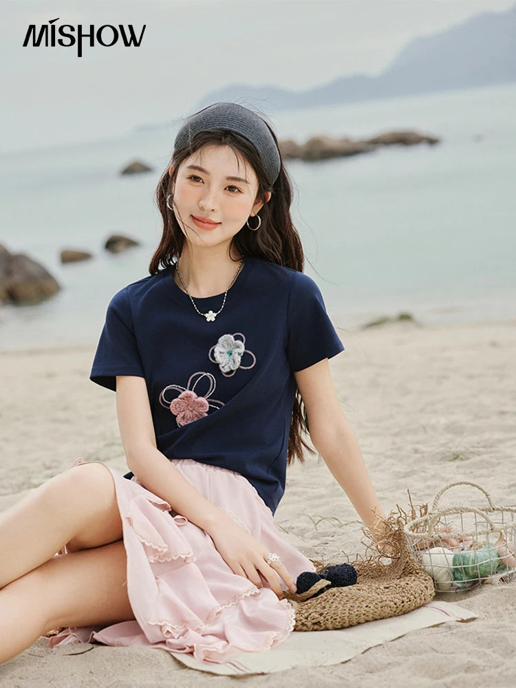 Women's Flower Beaded Short Sleeve Top | Casual Floral Embroidery Round Neck Tee