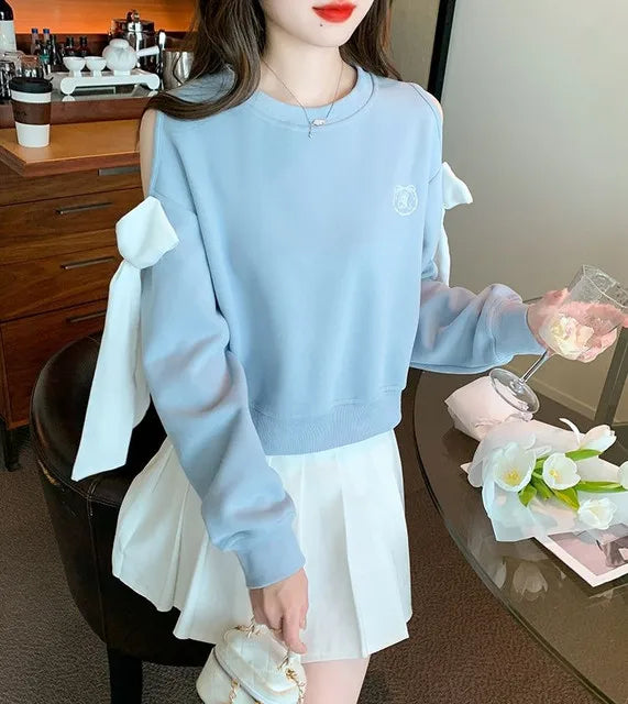 Women's Off-Shoulder Pullover Sweatshirt – Korean Harajuku Style | Pink & Blue