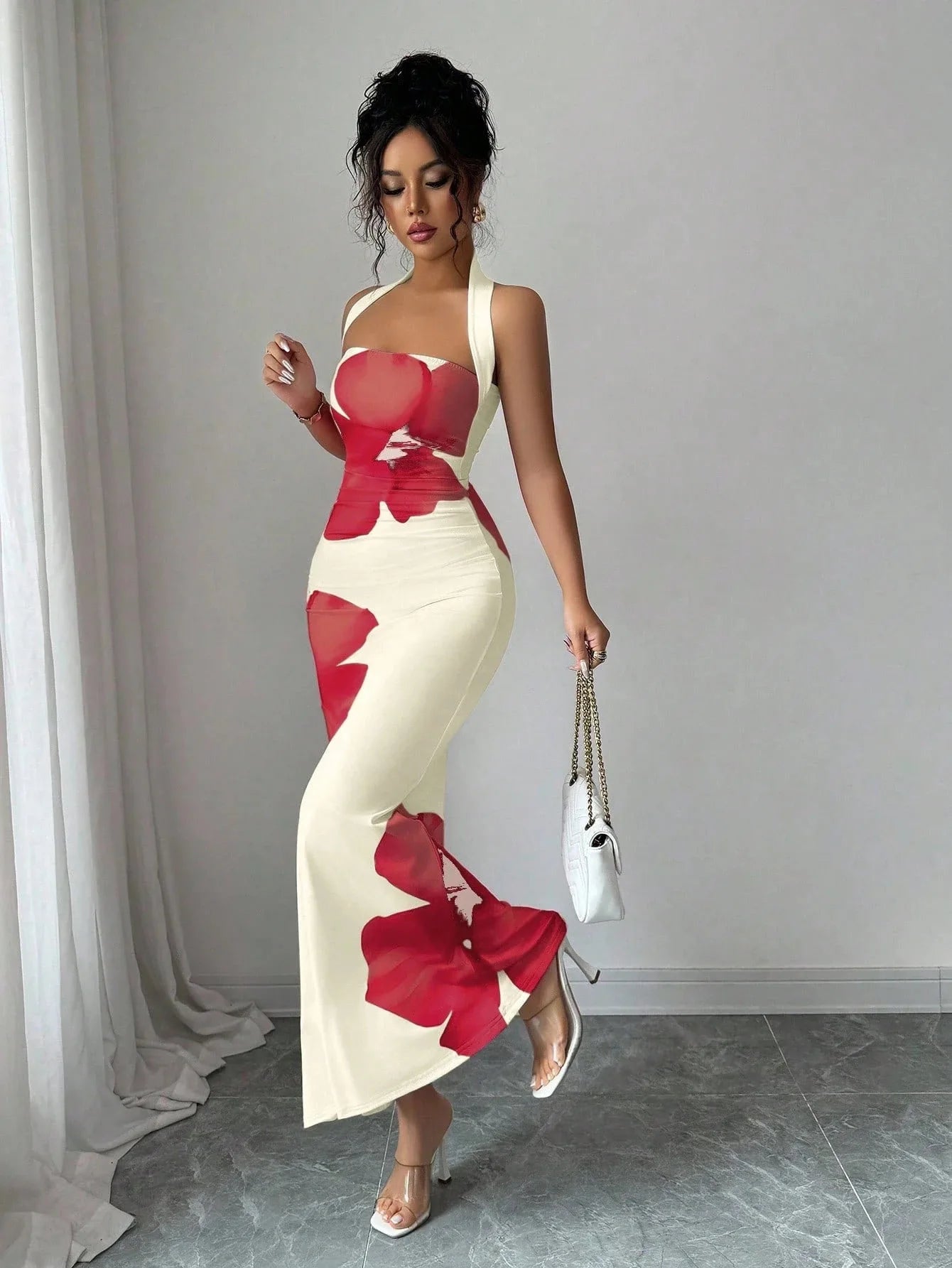 Halter Neck Printed Bodycon Dress – Sexy French Style Wedding Guest Midi Dress