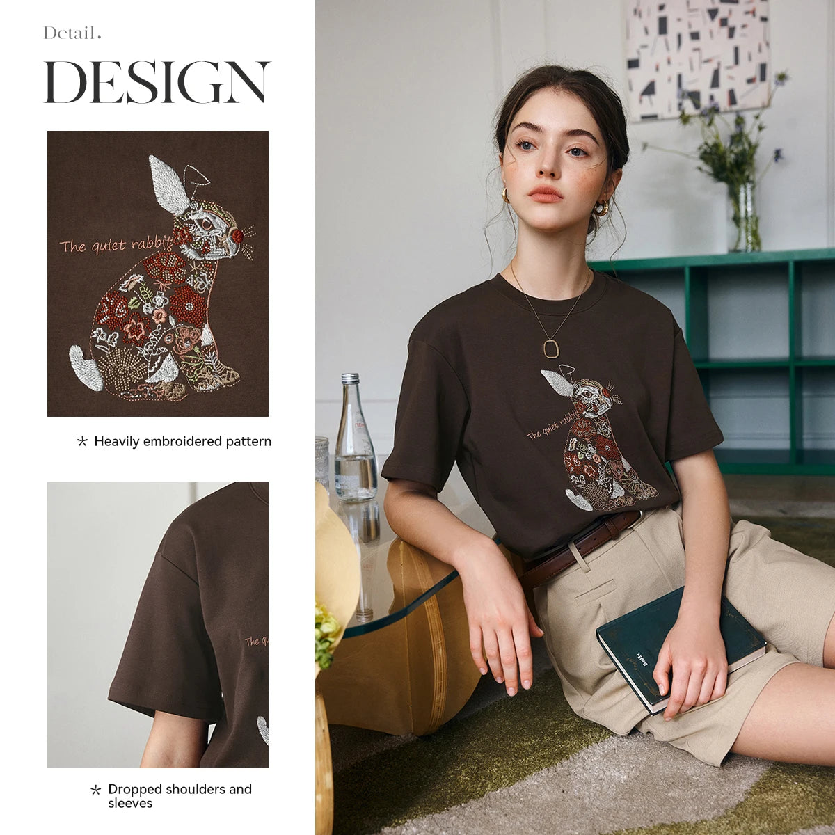 Women's Heavy Embroidery Oversized T-Shirt | Casual Crew Neck Cotton Tee