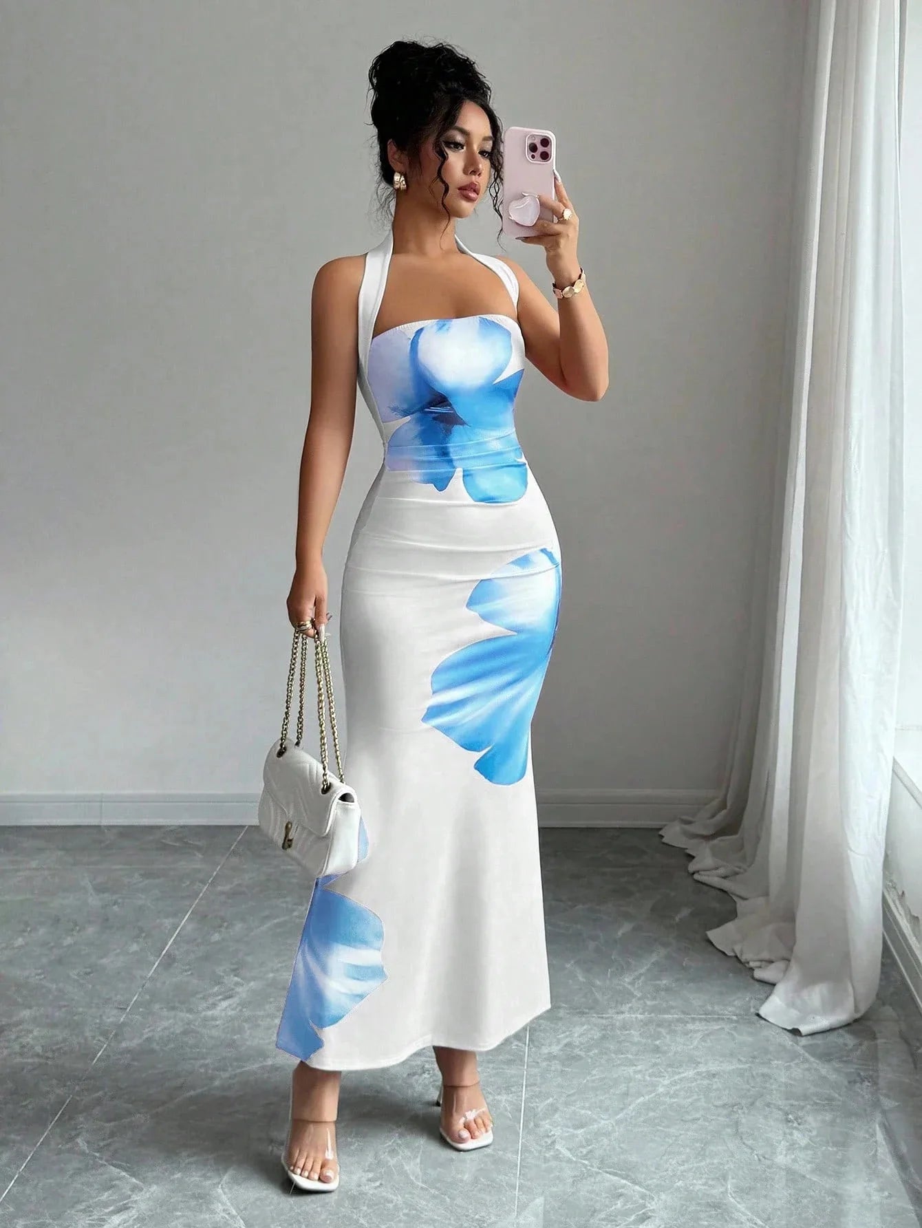 Halter Neck Printed Bodycon Dress – Sexy French Style Wedding Guest Midi Dress