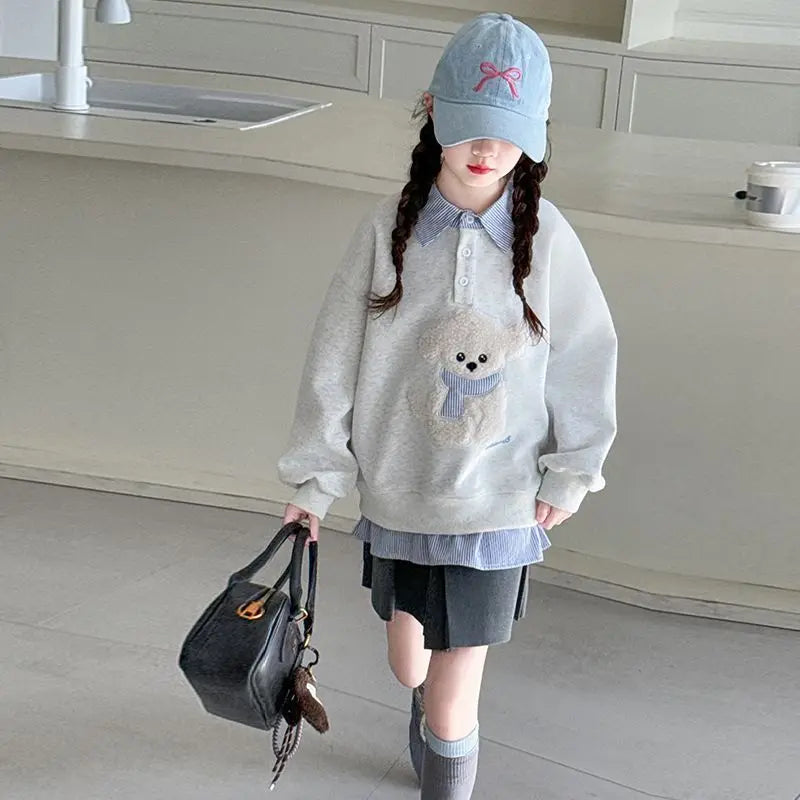 Girls Faux Two-Piece Polo Hoodie – Cartoon Puppy Sweatshirt | Sizes 120–170cm