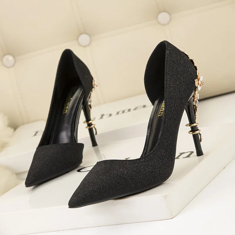 Women's Sequin Metal Flower Stiletto Pumps – Shiny Wedding High Heels