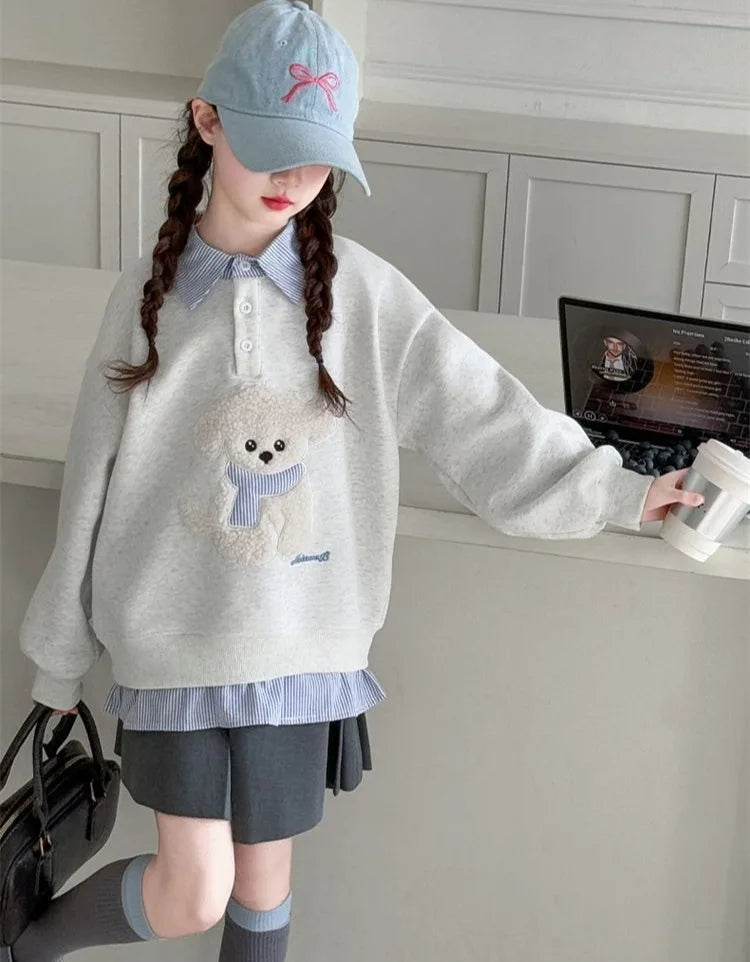 Girls Faux Two-Piece Polo Hoodie – Cartoon Puppy Sweatshirt | Sizes 120–170cm