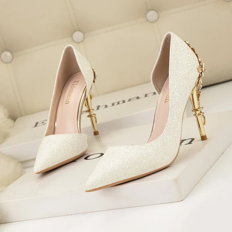 Women's Sequin Metal Flower Stiletto Pumps – Shiny Wedding High Heels