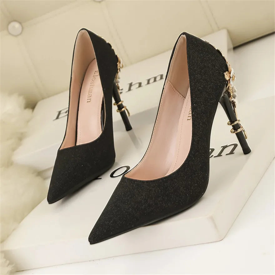 Women's Sequin Metal Flower Stiletto Pumps – Shiny Wedding High Heels