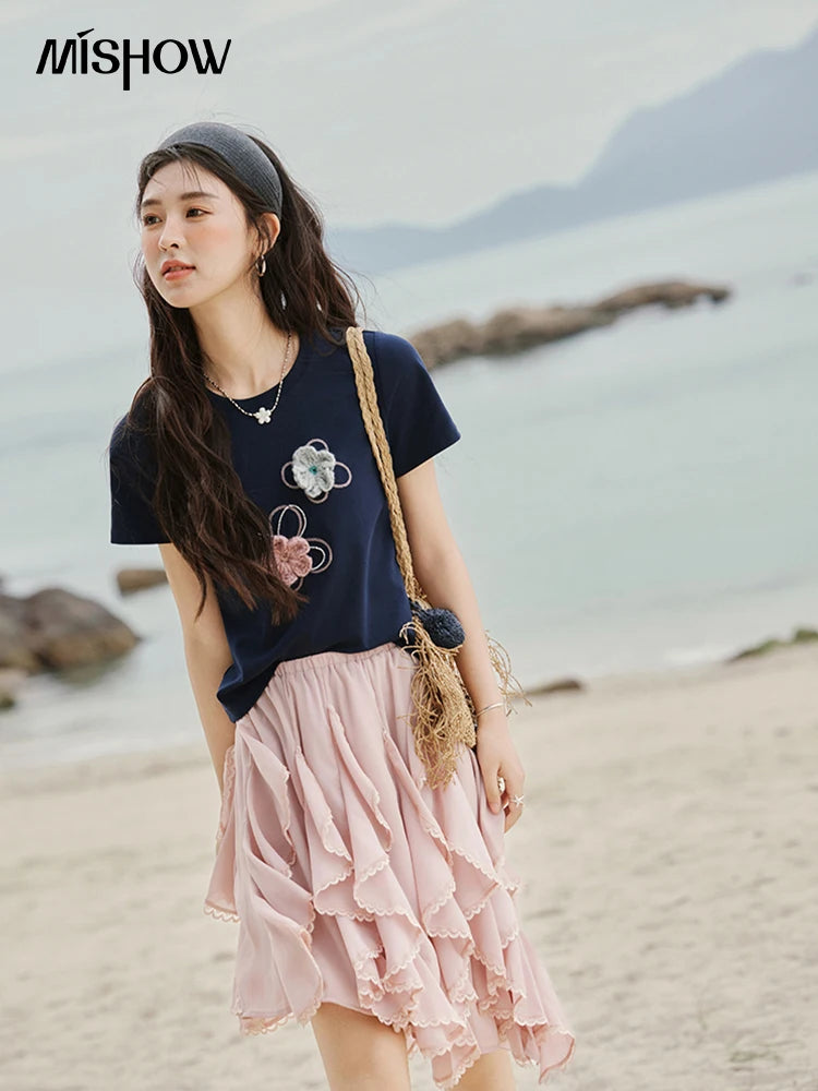 Women's Flower Beaded Short Sleeve Top | Casual Floral Embroidery Round Neck Tee