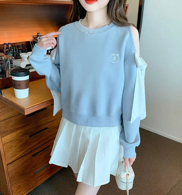 Women's Off-Shoulder Pullover Sweatshirt – Korean Harajuku Style | Pink & Blue