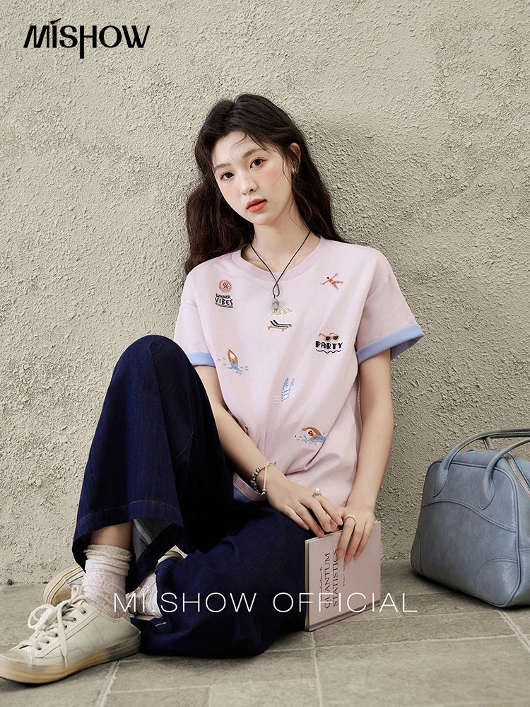 Women's Embroidered Casual Short Sleeve Top | Fashion Round Neck Cotton Tee