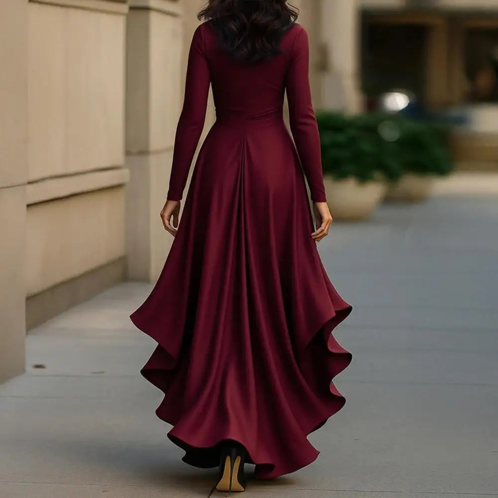Satin V-Neck Ruffle Long Sleeve Wrap Dress – Formal Cocktail & Wedding Guest Dress