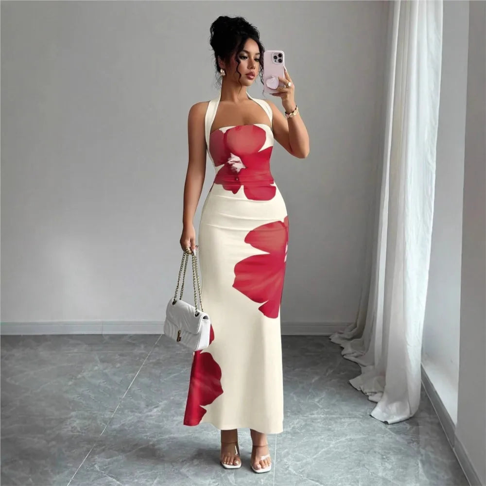 Halter Neck Printed Bodycon Dress – Sexy French Style Wedding Guest Midi Dress