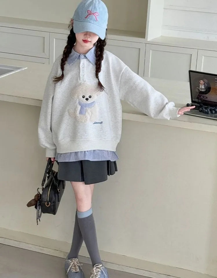 Girls Faux Two-Piece Polo Hoodie – Cartoon Puppy Sweatshirt | Sizes 120–170cm