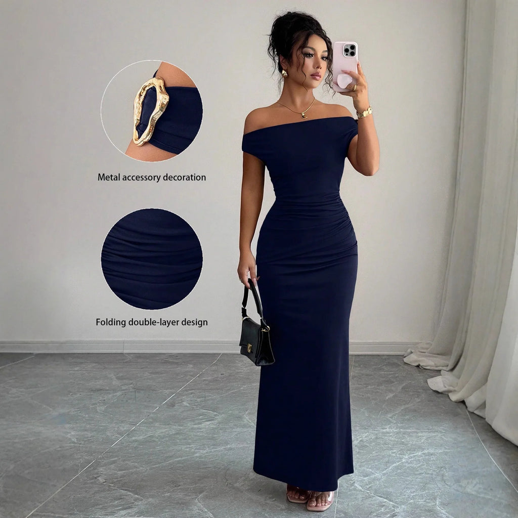 Off-Shoulder Boat Neck Evening Gown – Elegant Ankle-Length Dress for Women