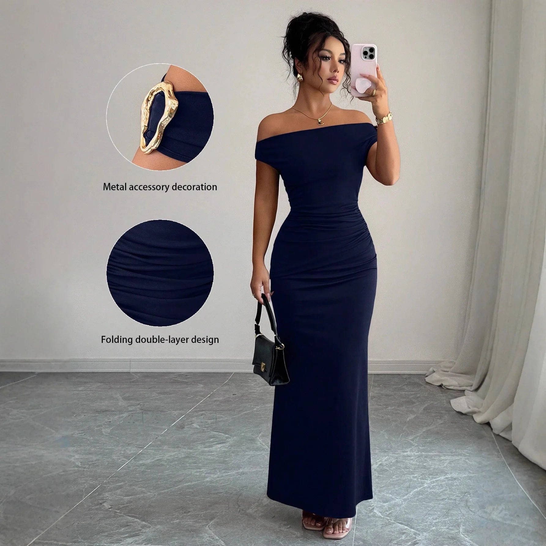 Off-Shoulder Boat Neck Evening Gown – Elegant Ankle-Length Dress for Women