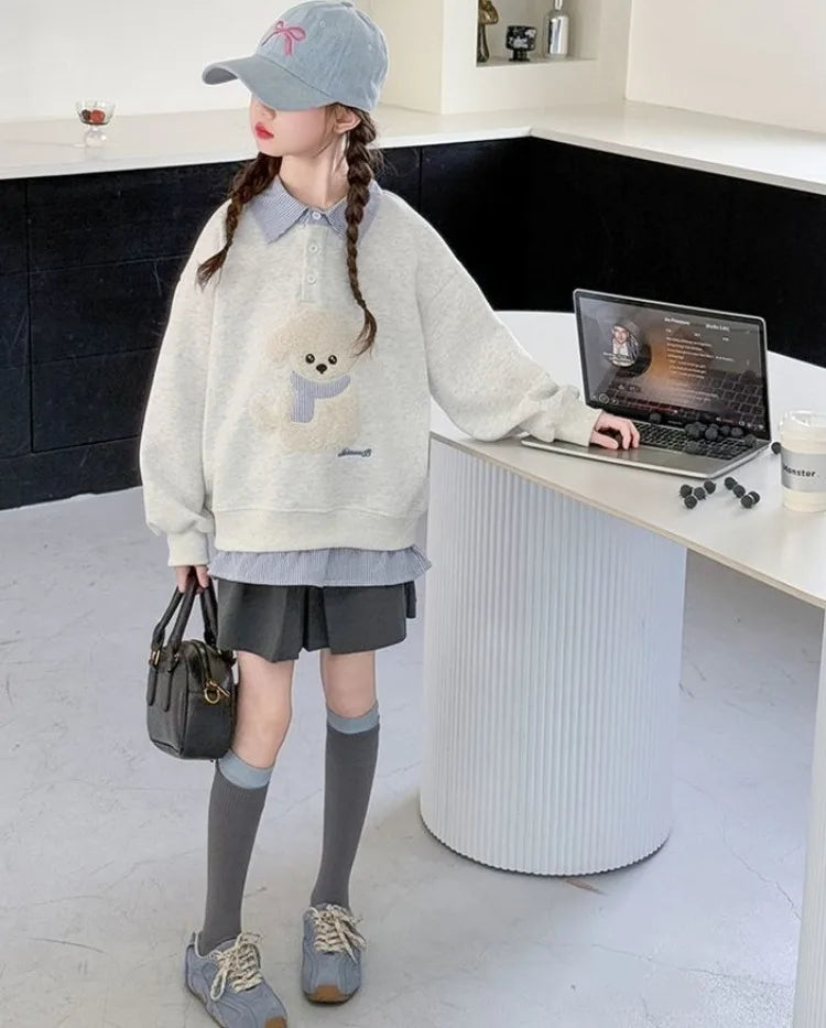 Girls Faux Two-Piece Polo Hoodie – Cartoon Puppy Sweatshirt | Sizes 120–170cm