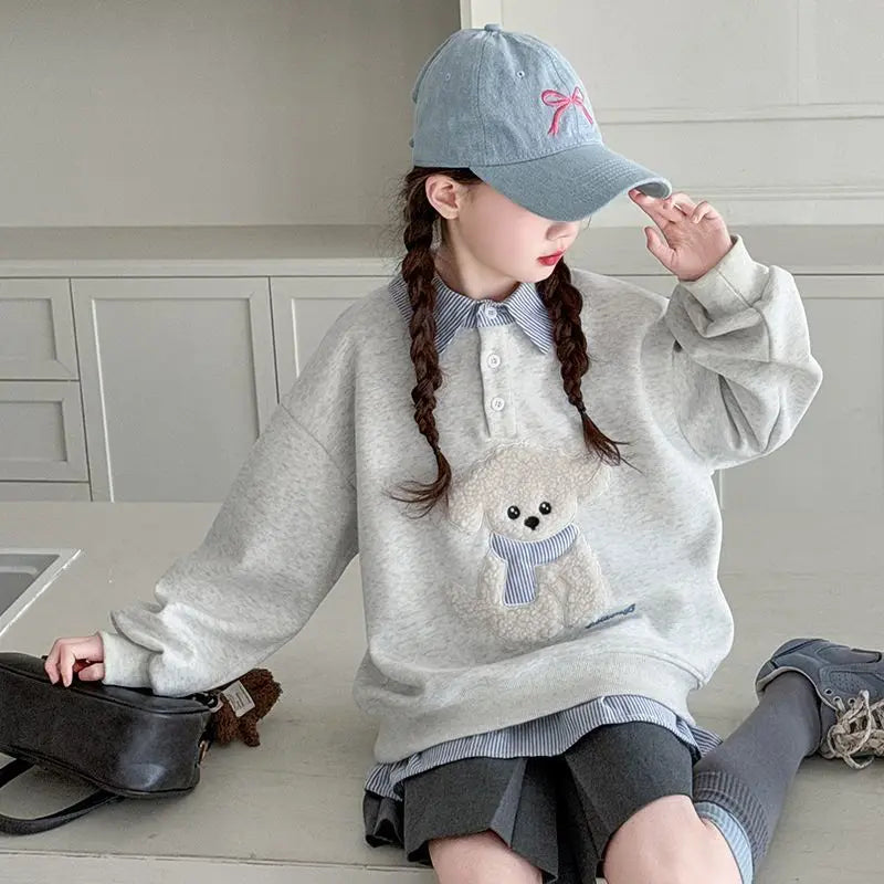 Girls Faux Two-Piece Polo Hoodie – Cartoon Puppy Sweatshirt | Sizes 120–170cm