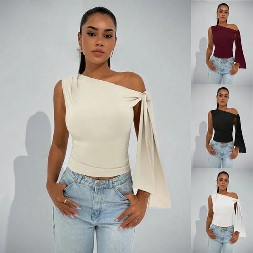 Asymmetrical Neck Tie Blouse | Sleeveless Slim Fit Women's Top