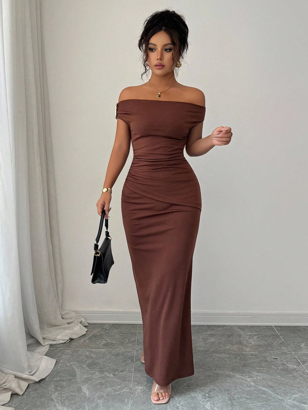 Off-Shoulder Boat Neck Evening Gown – Elegant Ankle-Length Dress for Women