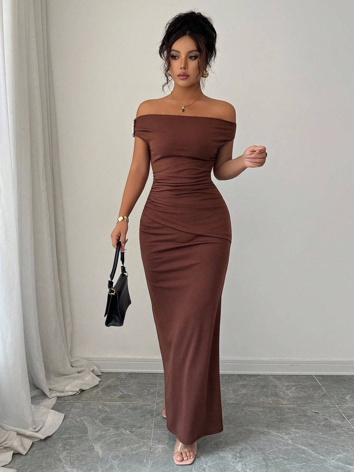 Off-Shoulder Boat Neck Evening Gown – Elegant Ankle-Length Dress for Women