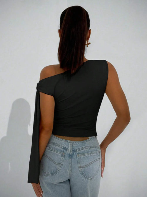 Asymmetrical Neck Tie Blouse | Sleeveless Slim Fit Women's Top