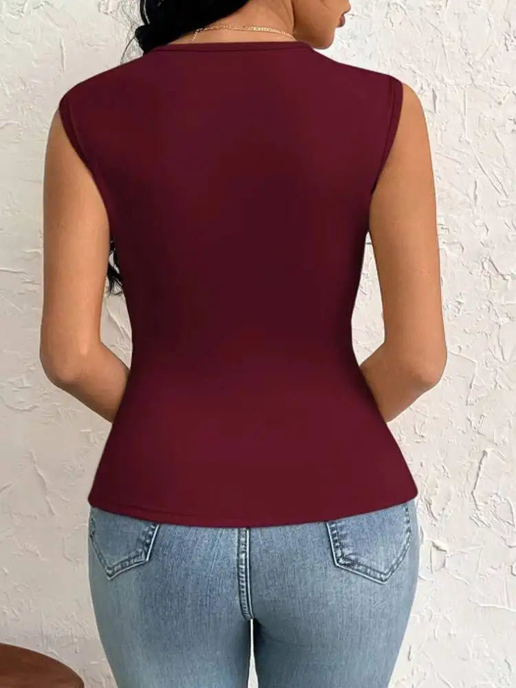 Burgundy Sleeveless Ruched Top | Asymmetric Hem One-Shoulder Women's Blouse
