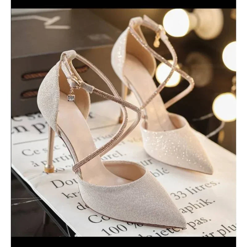 Women's Glitter Sequin Wedding Pumps – Pearl Strap Pointed Toe High Heels