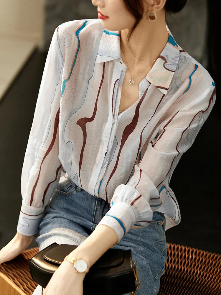 Women's Sheer Printed Chiffon Blouse | Long Sleeve Office Lady Top