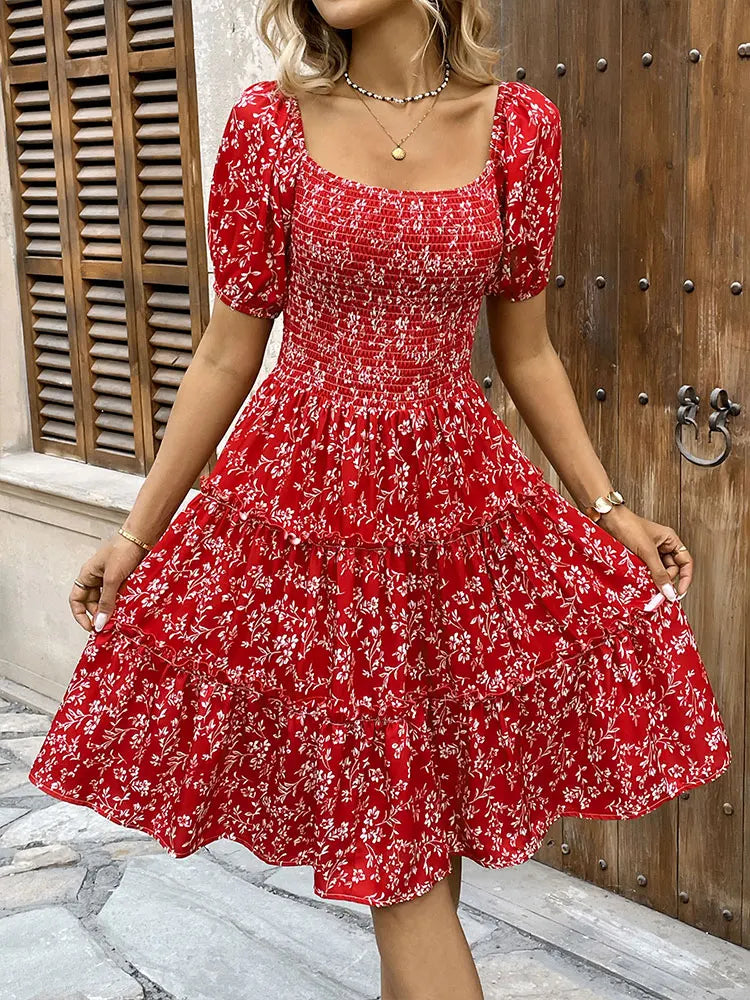 Red Backless Mini Dress – Women's Streetwear Short Sleeve Print Slim Casual Dress