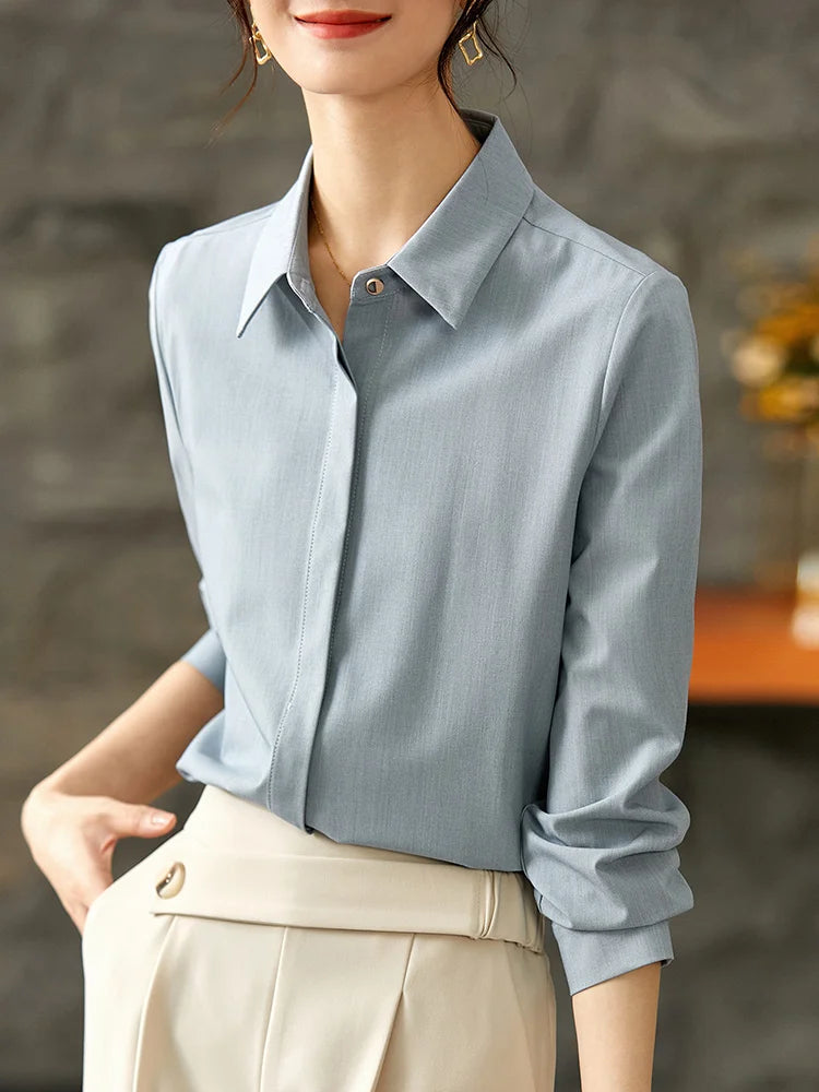 Women's Solid Long-Sleeve Office Blouse | Turn-Down Collar Regular Fit Shirt