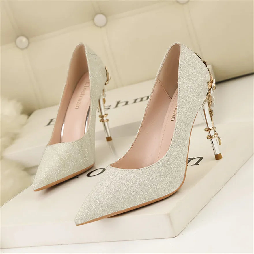 Women's Sequin Metal Flower Stiletto Pumps – Shiny Wedding High Heels