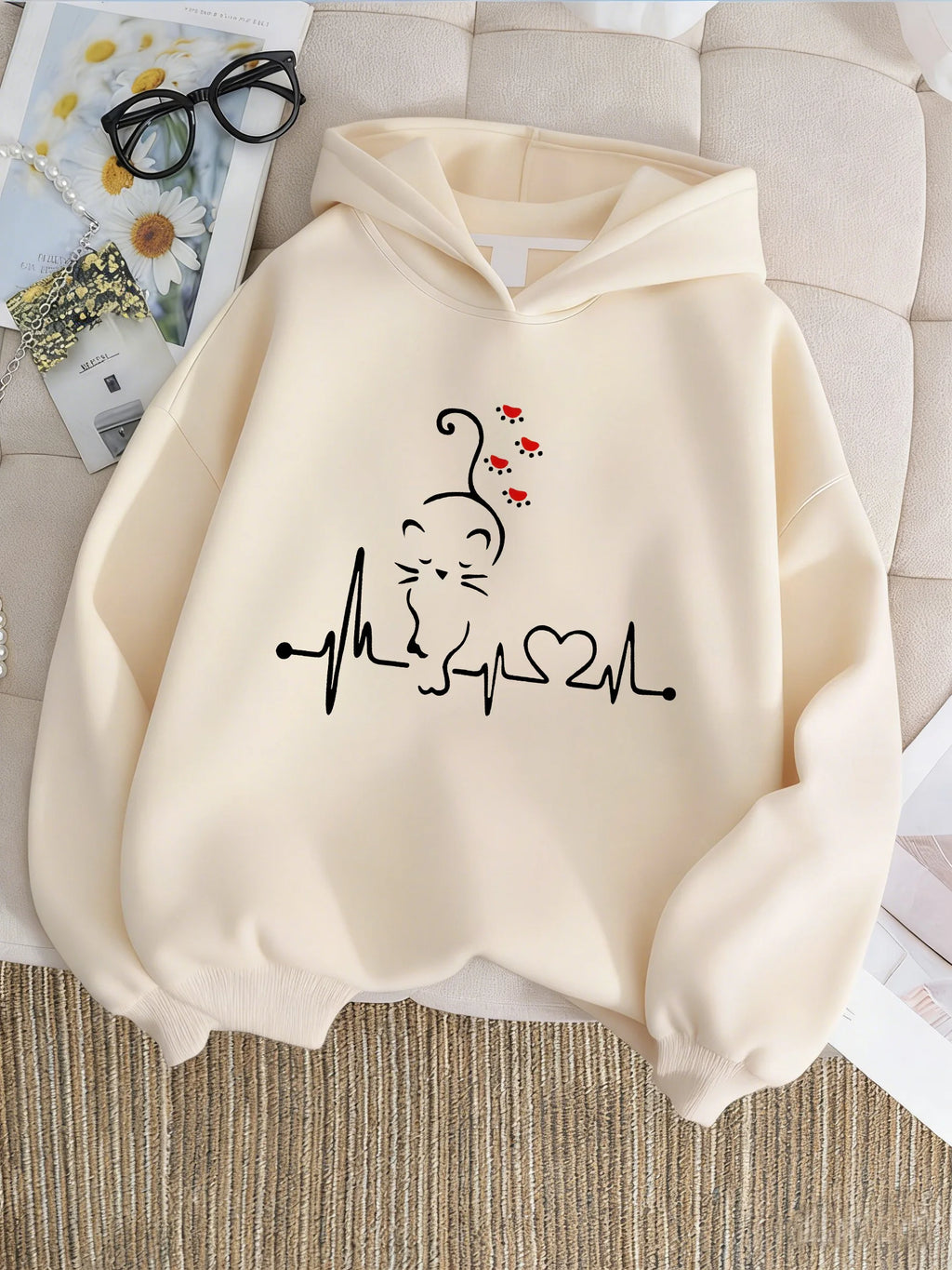 Kids Kawaii Cat & Heart Hoodie – Cute Graphic Sweatshirt for Boys & Girls | Sizes 110–160