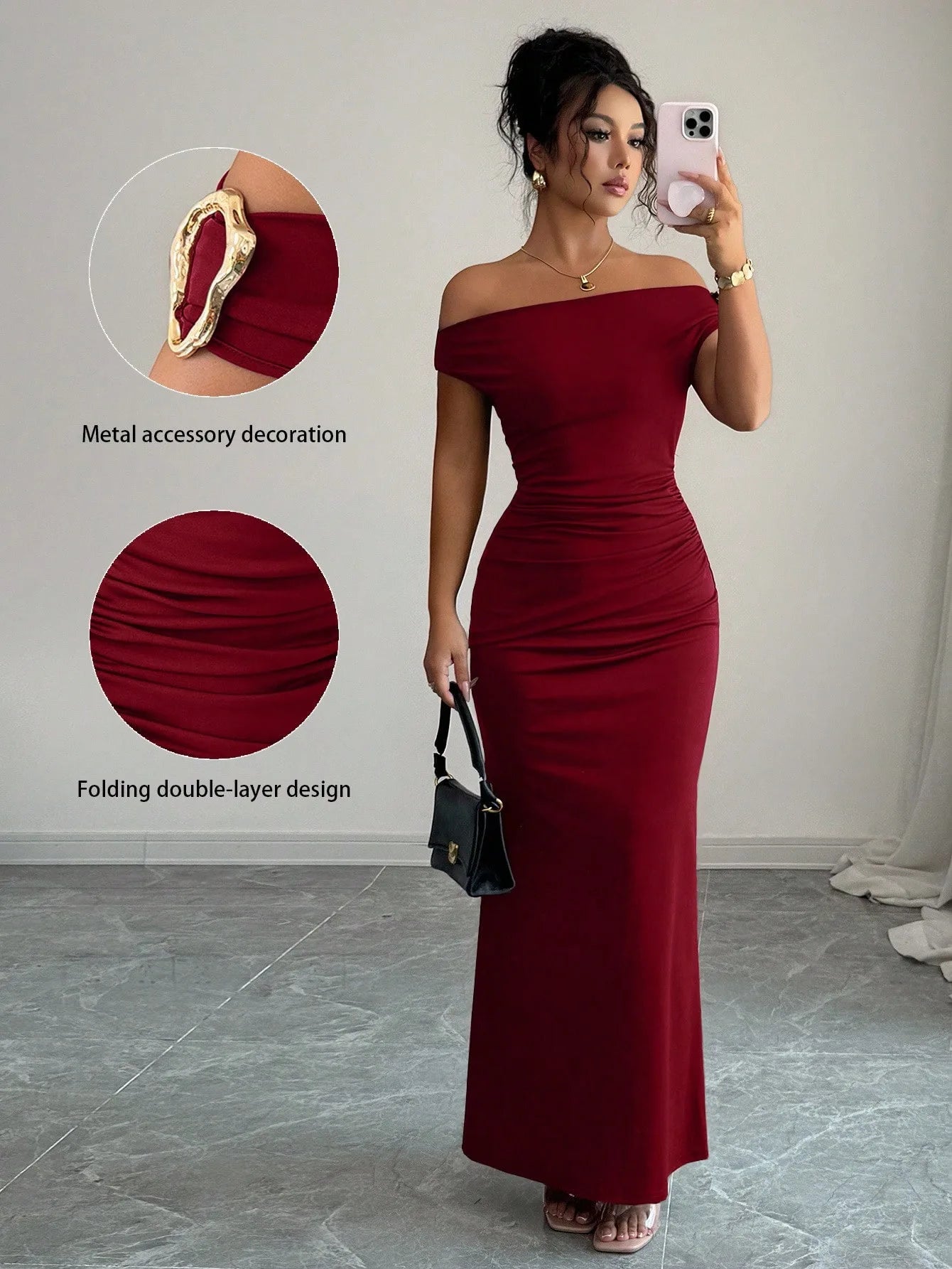 Off-Shoulder Boat Neck Evening Gown – Elegant Ankle-Length Dress for Women