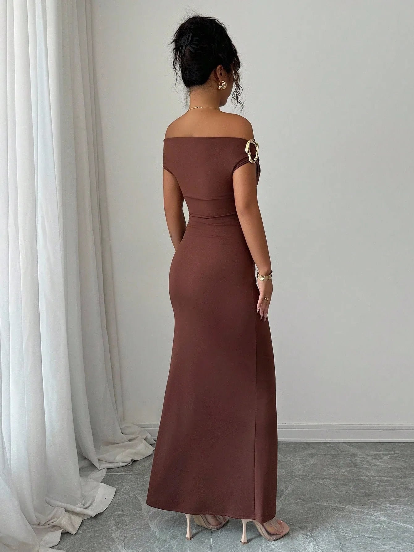 Off-Shoulder Boat Neck Evening Gown – Elegant Ankle-Length Dress for Women