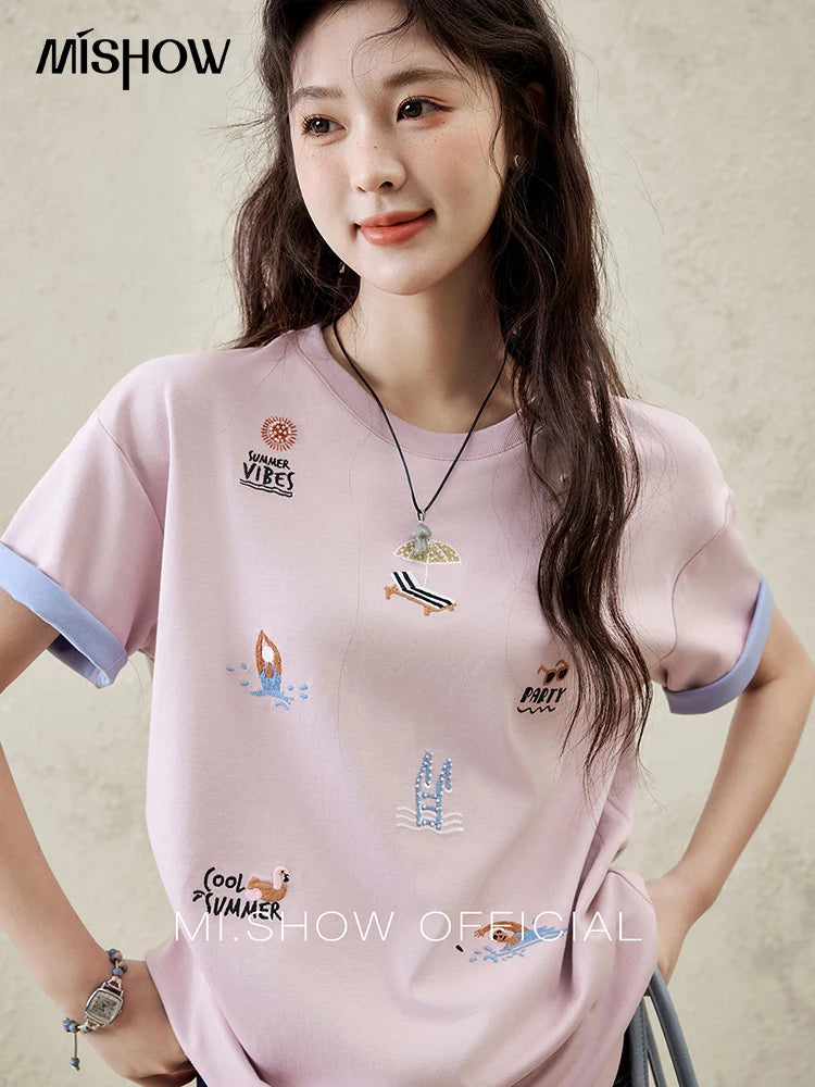Women's Embroidered Casual Short Sleeve Top | Fashion Round Neck Cotton Tee