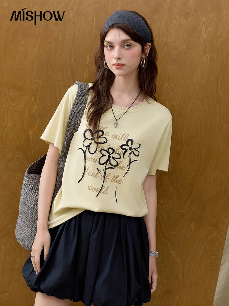 Women's Embroidered Flower Short Sleeve Top | Casual Loose Slimming Round Neck Tee