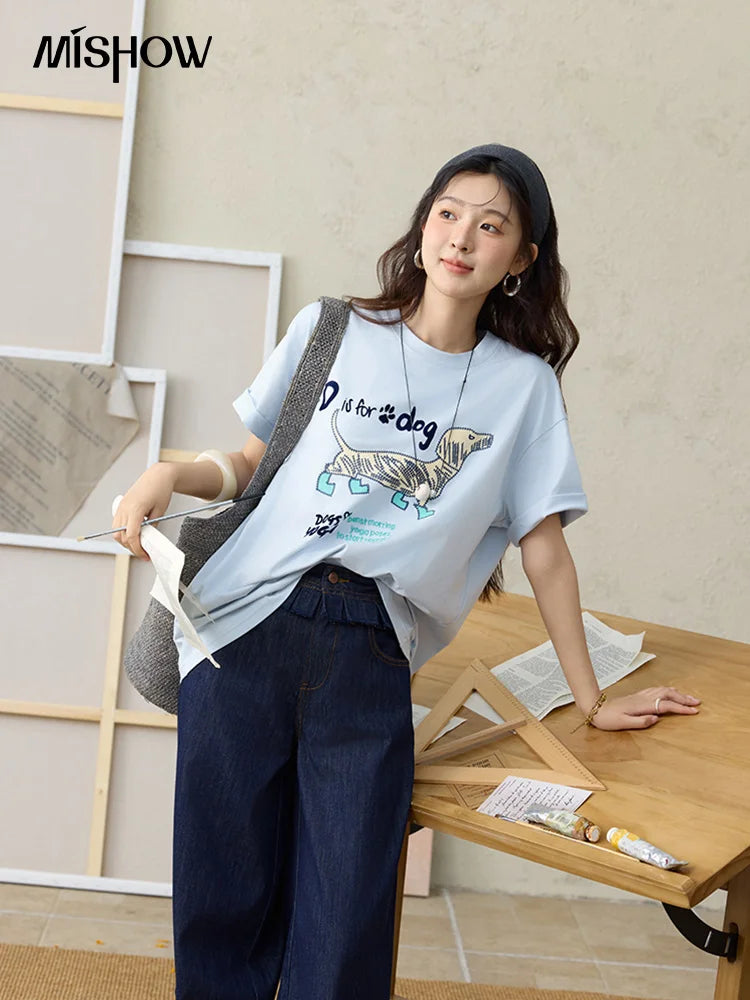 Women's Flocked Puppy Print Short Sleeve Top | Casual Loose Round Neck Tee