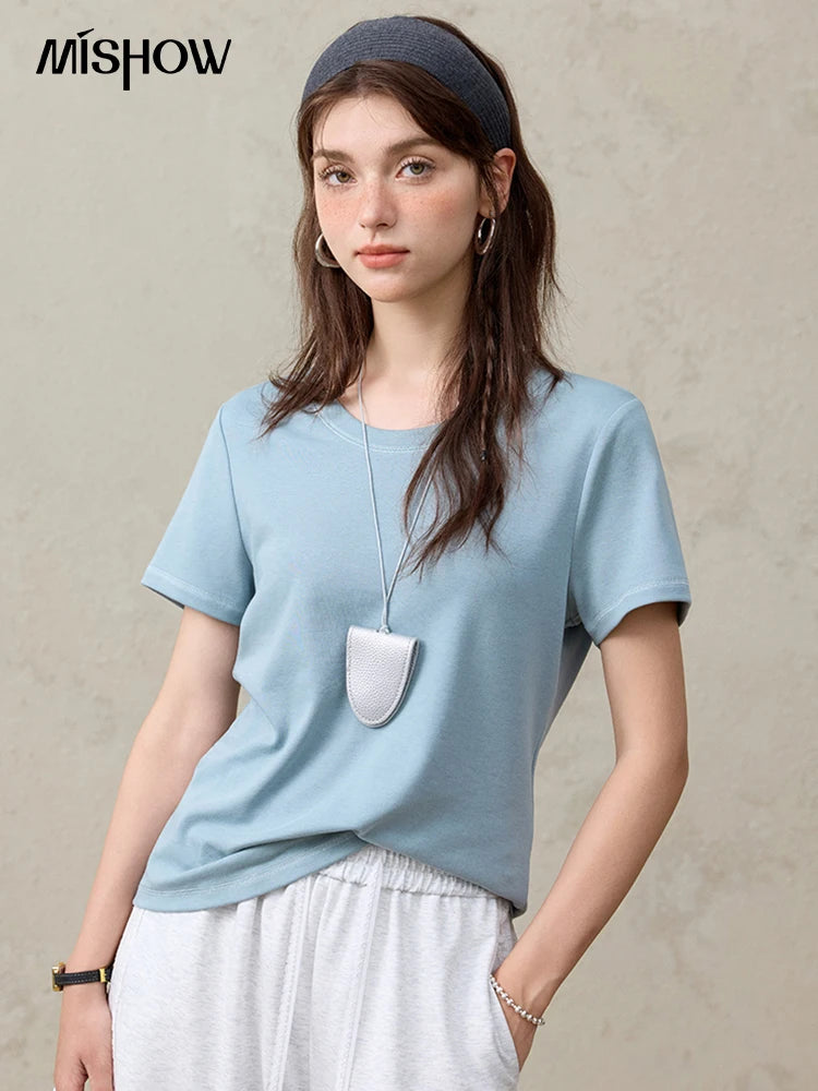Women's Solid Straight Shoulder Short Sleeve Top | Casual Slimming Round Neck Tee