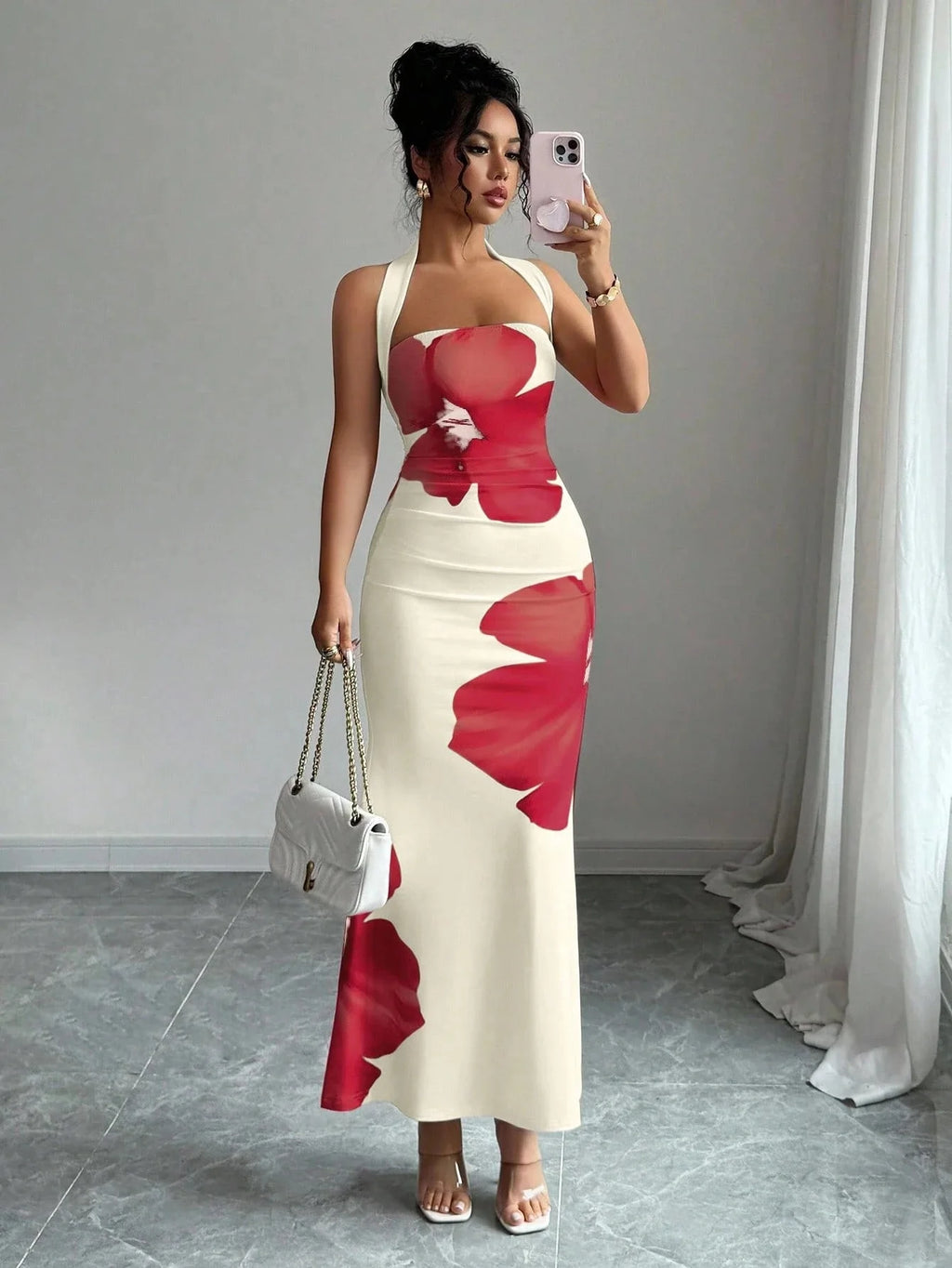 Halter Neck Printed Bodycon Dress – Sexy French Style Wedding Guest Midi Dress