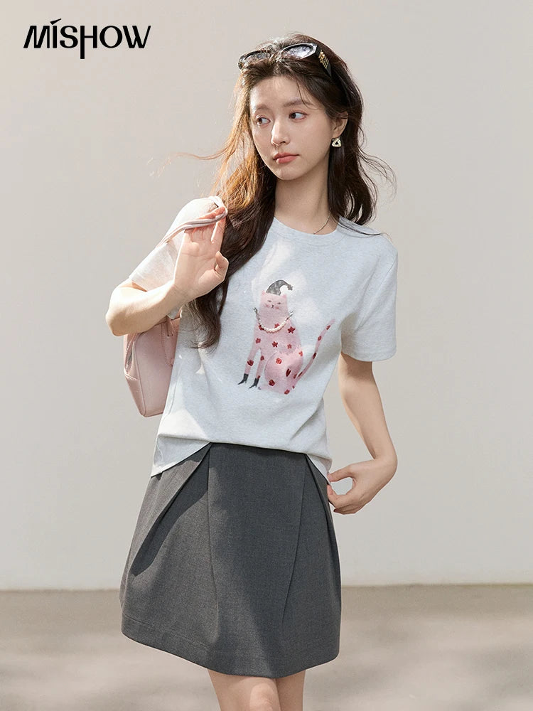 Women's Cartoon Cat Print Cotton T-Shirt | Casual Loose Soft Crew Neck Short Sleeve Tee