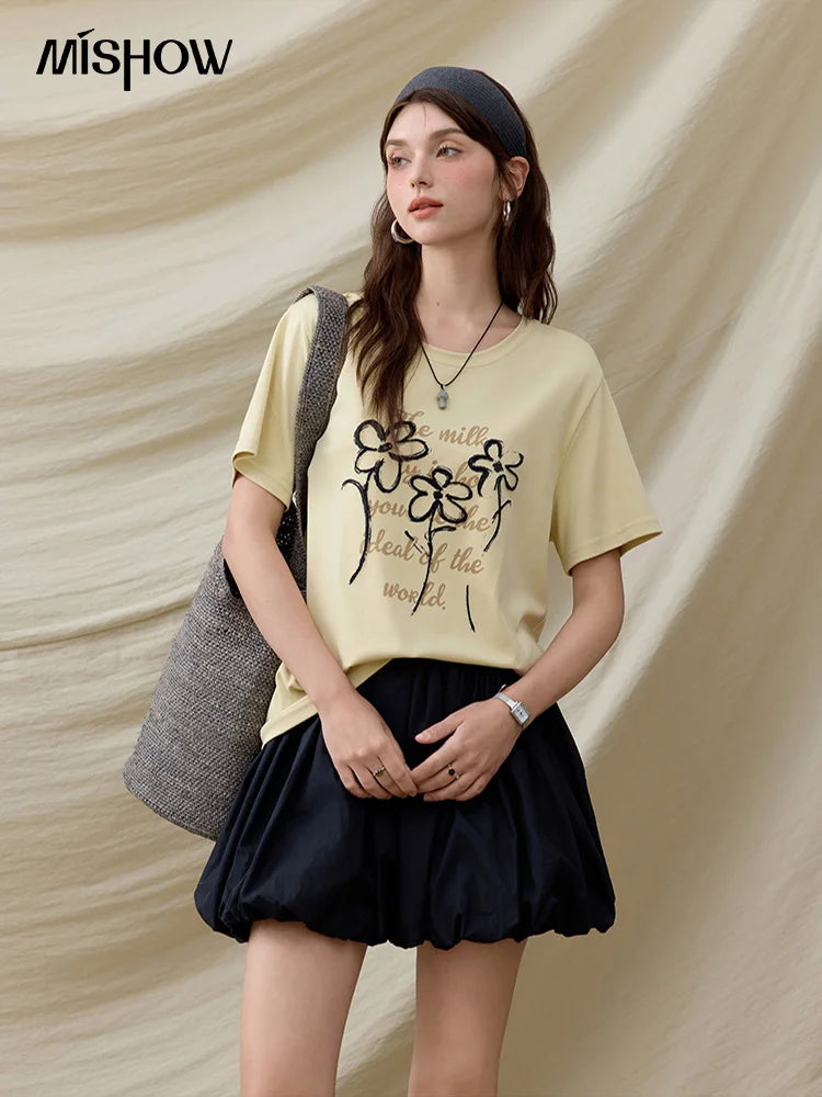 Women's Embroidered Flower Short Sleeve Top | Casual Loose Slimming Round Neck Tee