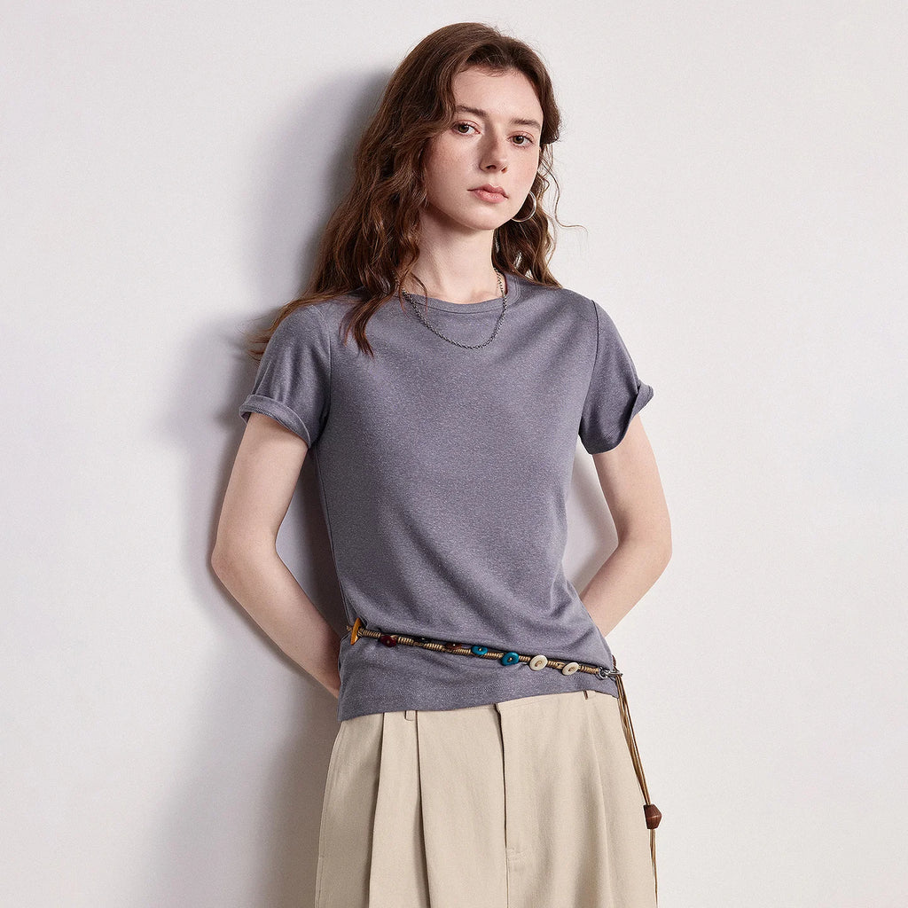 Women's Lyocell Linen Slim Fit Short Sleeve Top | Sequin Detail Cool Versatile Tee