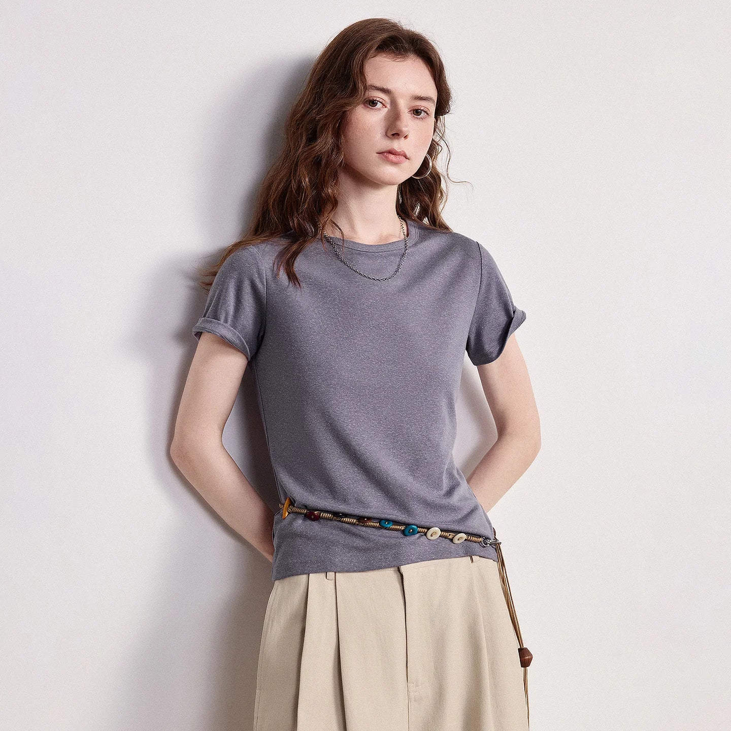 Women's Lyocell Linen Slim Fit Short Sleeve Top | Sequin Detail Cool Versatile Tee
