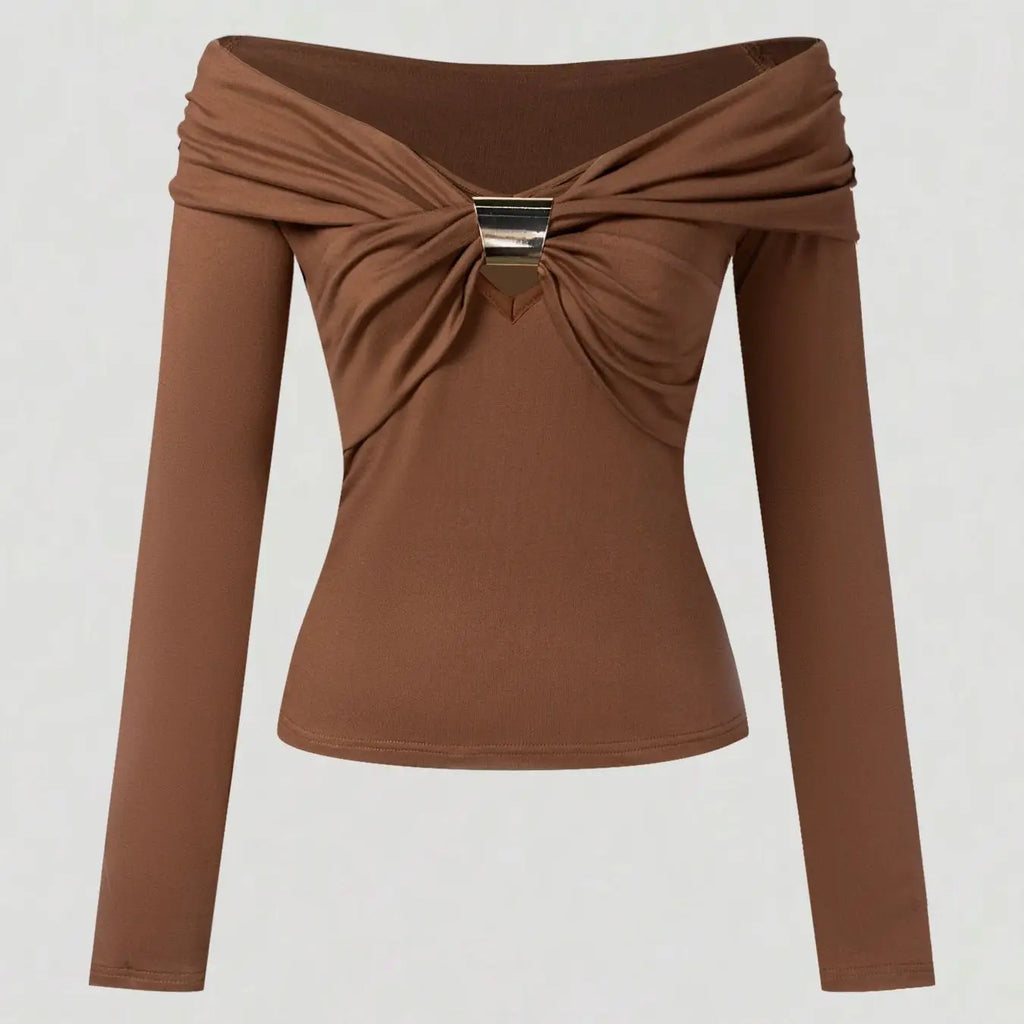 Women's Off Shoulder Long Sleeve Top | Brown Elegant Casual Blouse