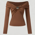 Women's Off Shoulder Long Sleeve Top | Brown Elegant Casual Blouse
