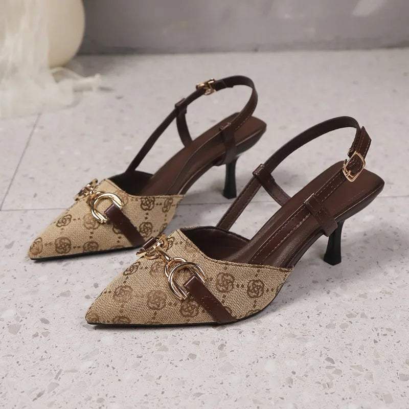 Women's Pointed Toe Metal Buckle High Heels – Anti-Slip Slingback Sandals