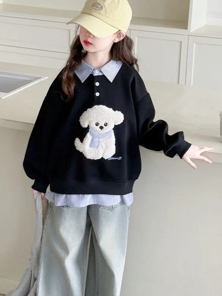Girls Faux Two-Piece Polo Hoodie – Cartoon Puppy Sweatshirt | Sizes 120–170cm