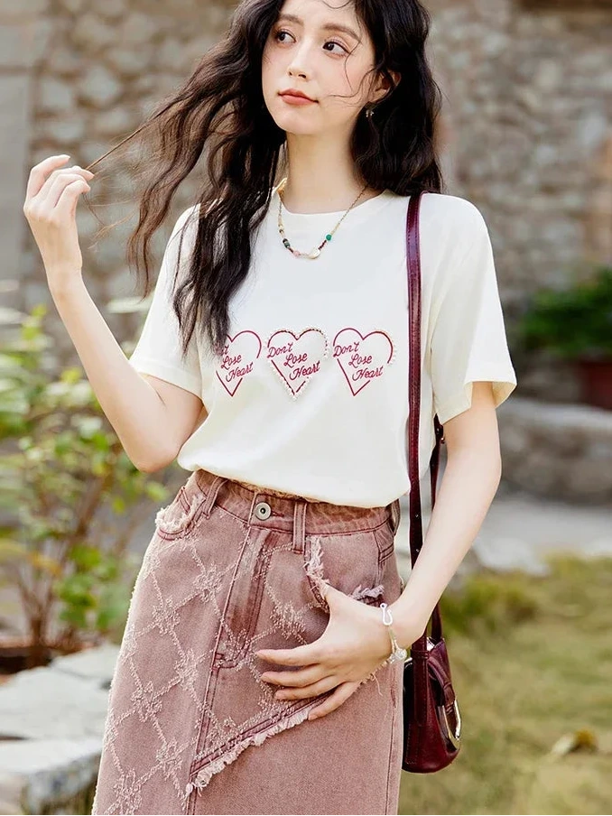 Women's Heart Print Short Sleeve Top | Casual Versatile Cotton Appliqué Tee