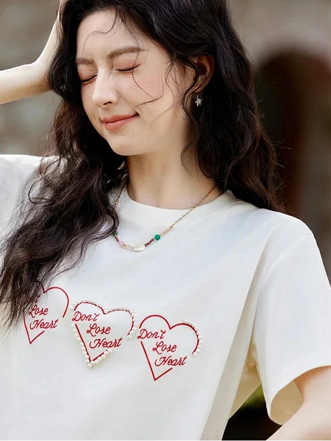 Women's Heart Print Short Sleeve Top | Casual Versatile Cotton Appliqué Tee