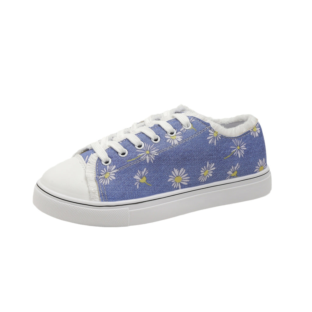 Women's Floral Canvas Flat Sneakers – Breathable Lace-Up Casual Shoes