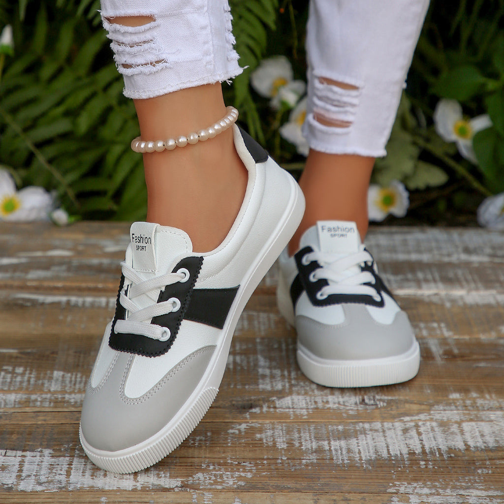 Korean-Style Women's Breathable Flat Sneakers – Color-Block Casual Shoes in Black & Red